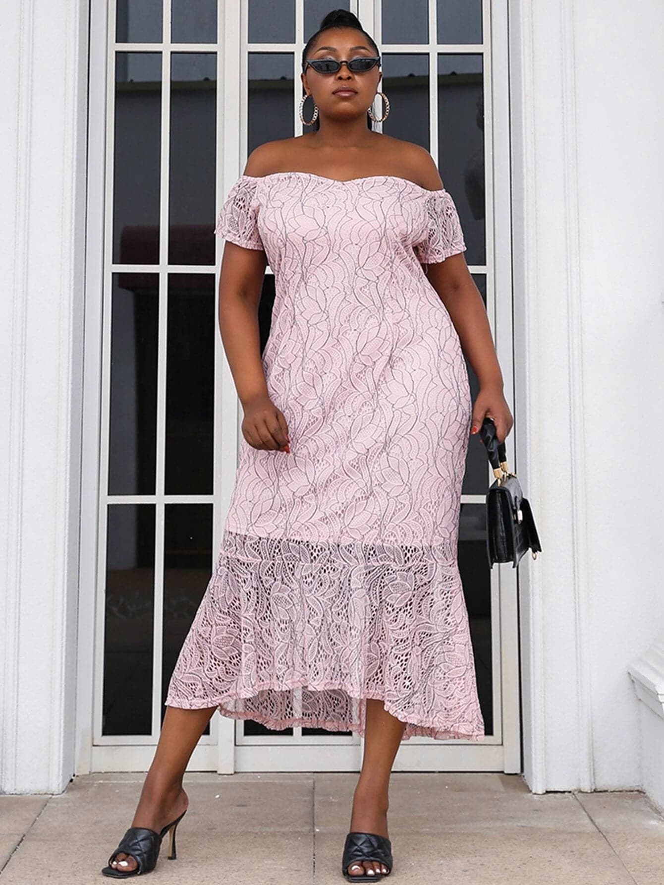 Plus Size Off The Shoulder Lace Mermaid Midi Pink Prom Dress P0110
