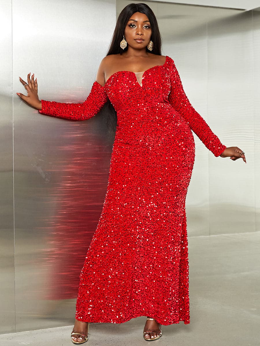 Plus Size One Shoulder Mermaid Maxi Sequin Red Evening Dress PXJ588