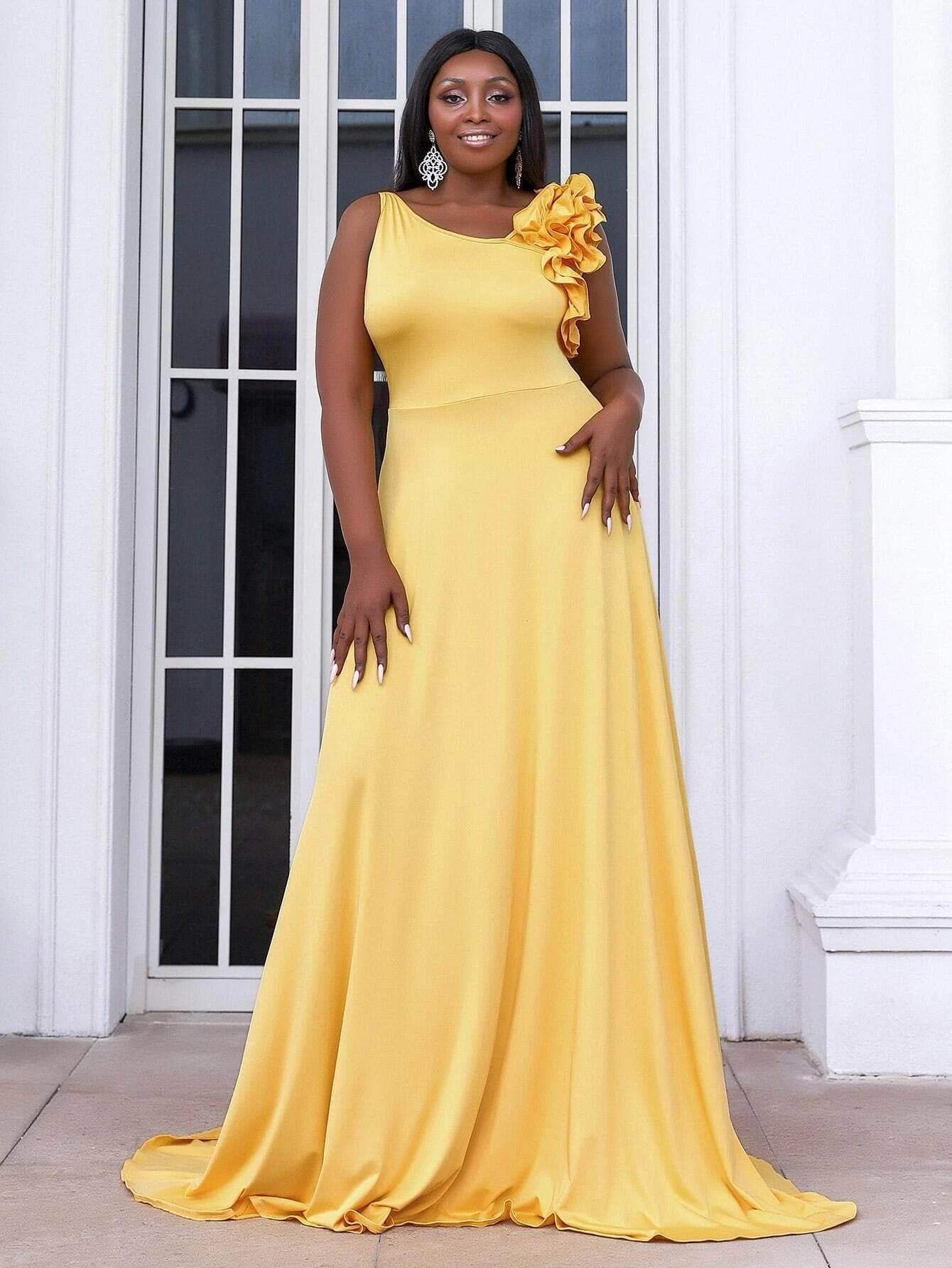 Plus Asymmetrical Neck Ruffle Trim Yellow Maxi Knit Prom Dress P0288 - ltolto