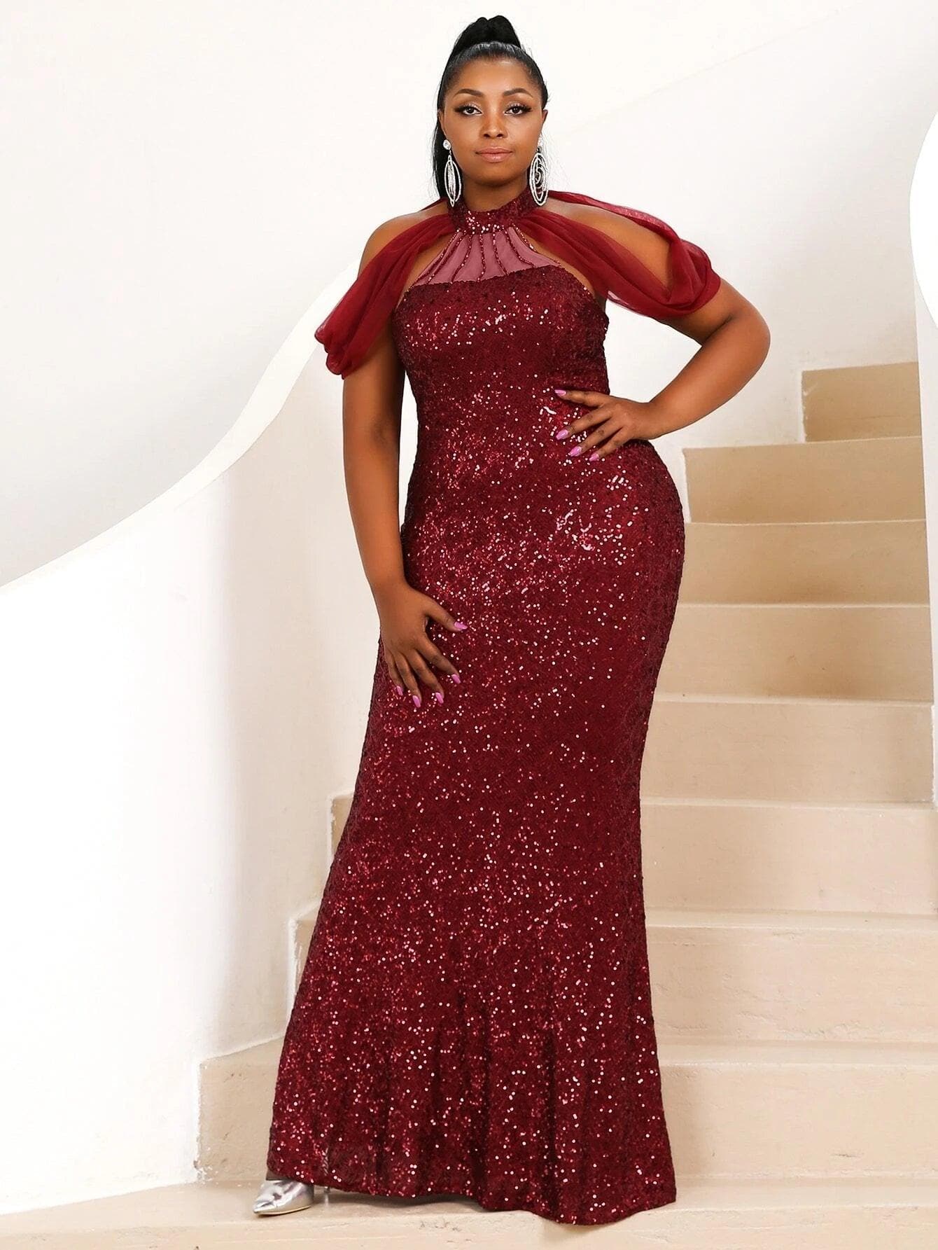 Plus Contrast Mesh Cut Out Red Maxi Sequins Prom Dress P0157 - ltolto
