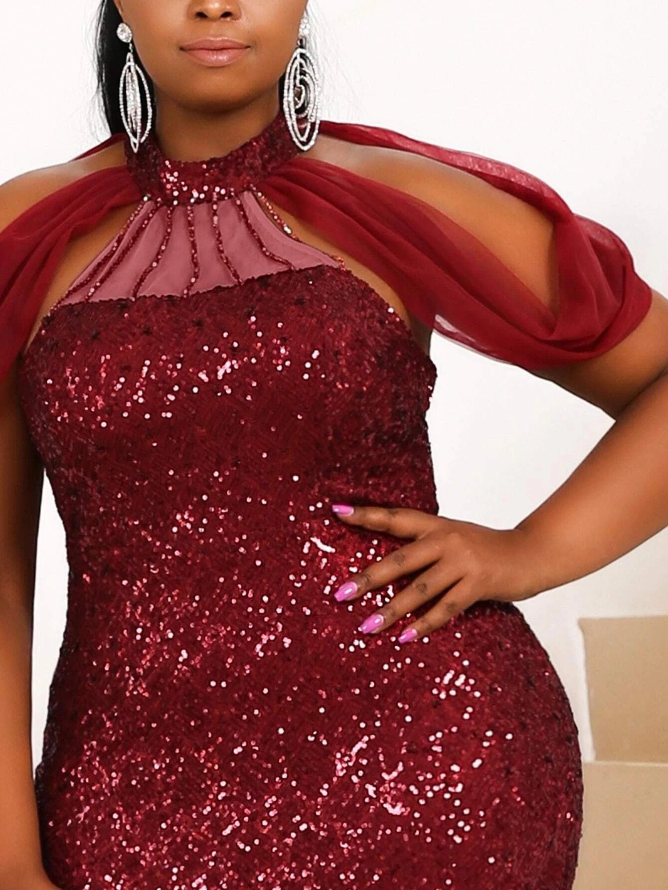 Plus Contrast Mesh Cut Out Red Maxi Sequins Prom Dress P0157 - ltolto