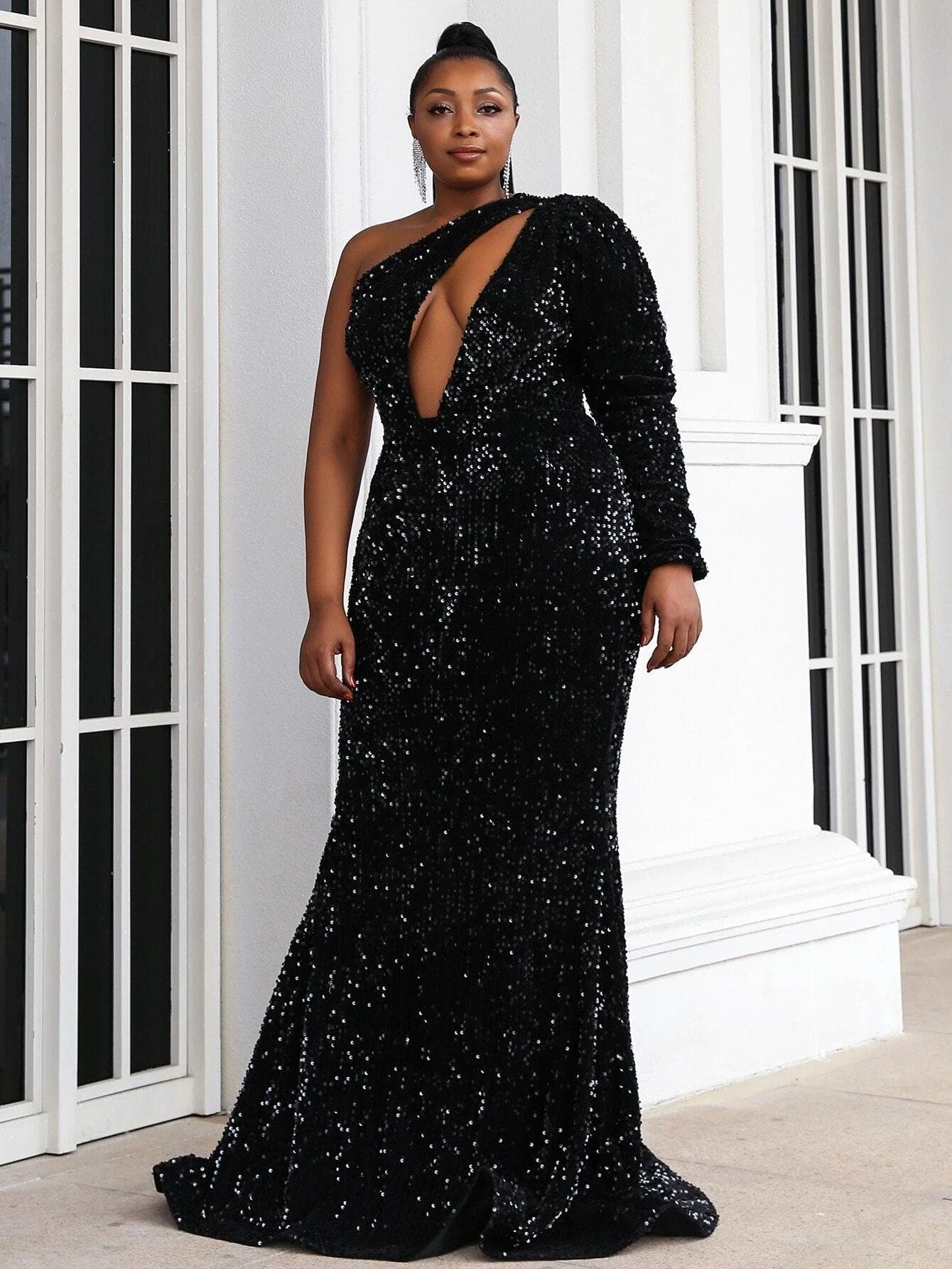 Plus Cut Out Front One Shoulder Black Maxi Sequins Dress P0100 - ltolto