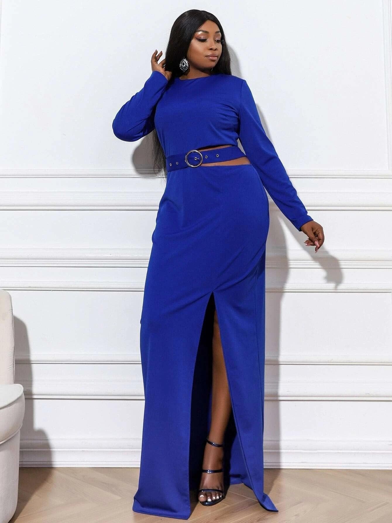 Plus Cut Out Waist Split Thigh Blue Maxi Knit Belted Dress PXH1434 - ltolto