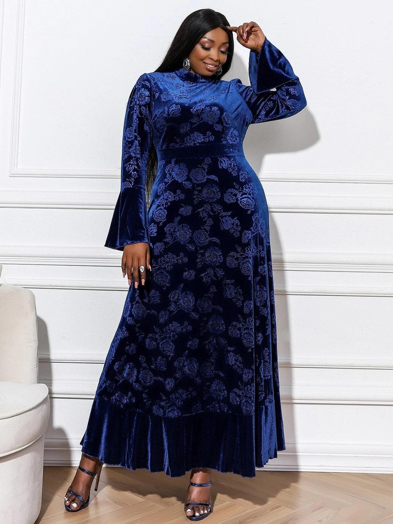 Plus Floral Print Flounce Sleeve Ruffle Hem Blue Midi Velvet Dress P0301 - ltolto