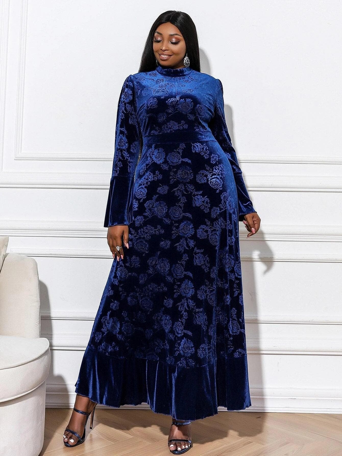 Plus Floral Print Flounce Sleeve Ruffle Hem Blue Midi Velvet Dress P0301 - ltolto