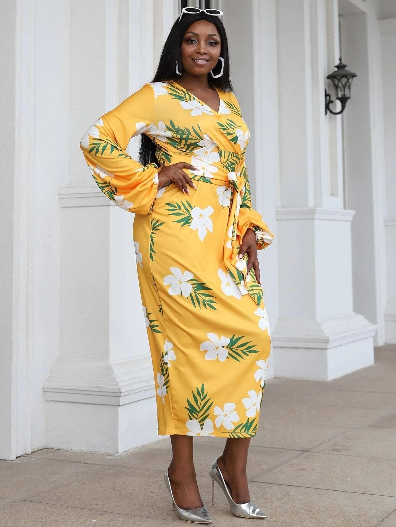 Plus Floral Print Midi Knit Tie Front Yellow Midi Knit Dress P0265 - ltolto