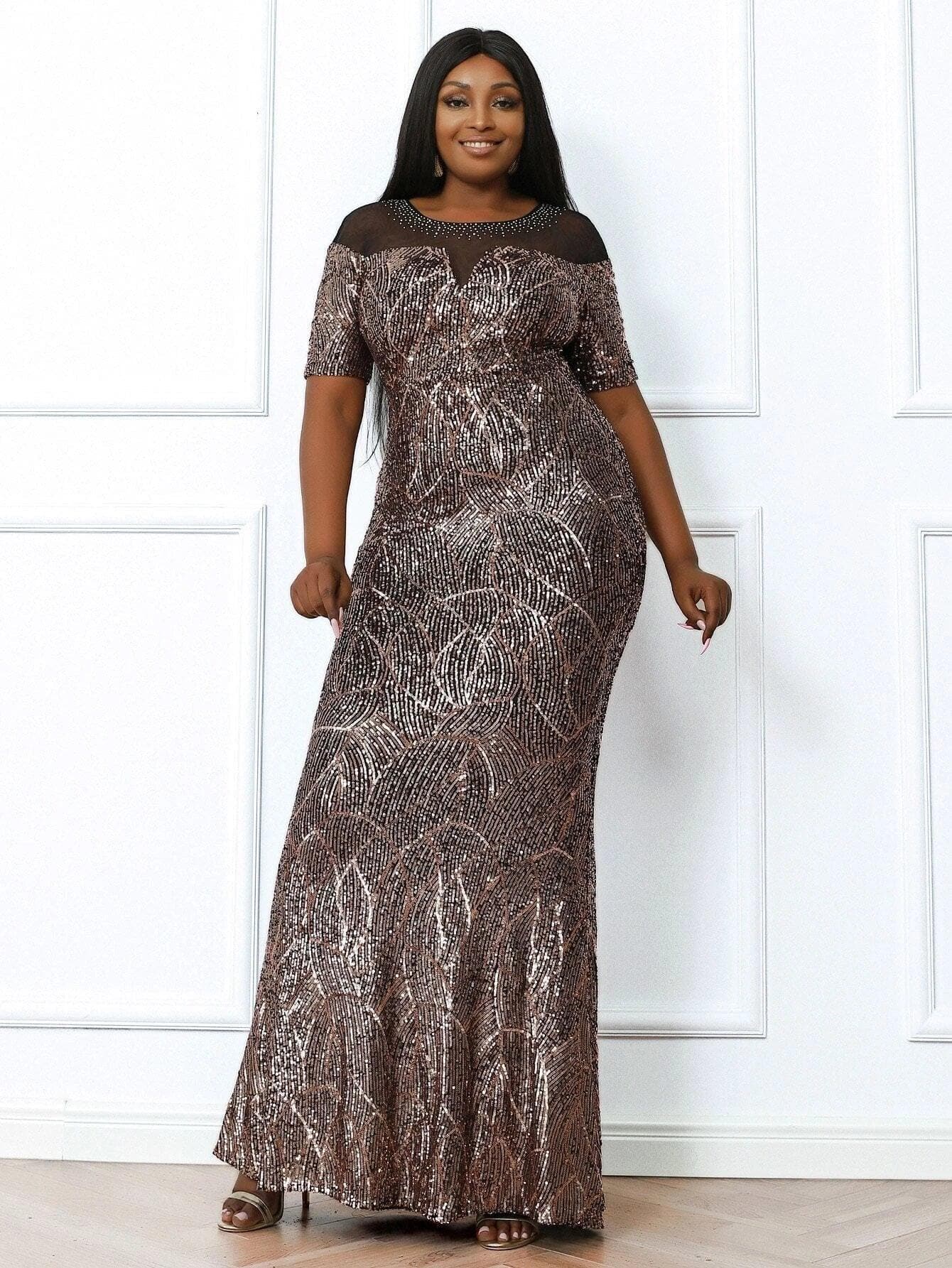 Plus Mesh Panel Rhinestone Gray Maxi Sequin Prom Dress P0168 - ltolto