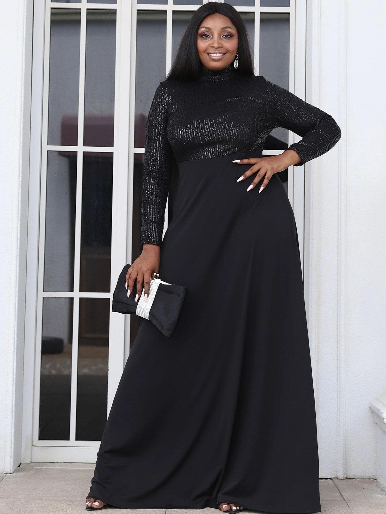 Plus Mock Neck Contrast Black Sequin Maxi Dress P0279 - ltolto