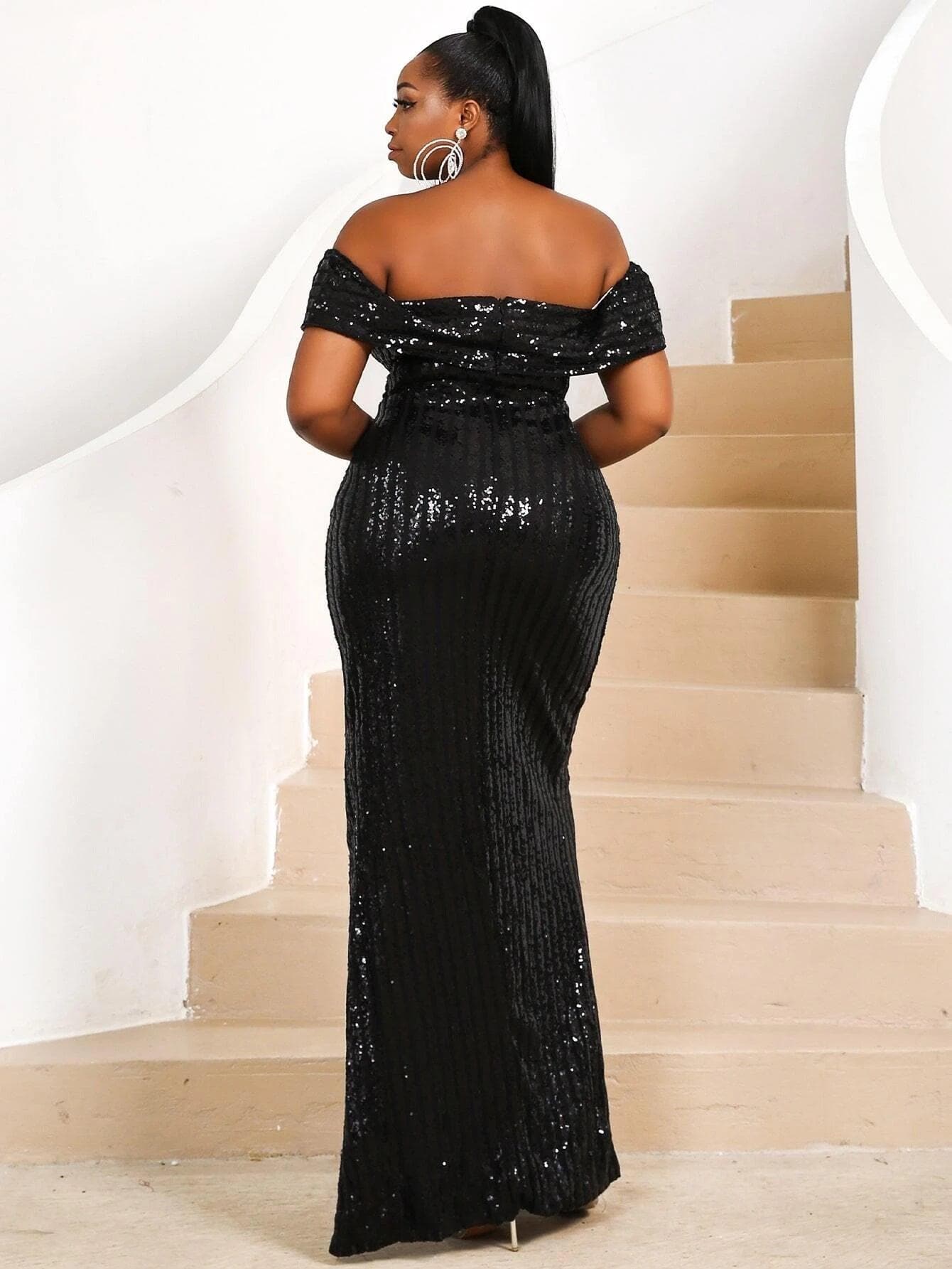 Plus Off Shoulder Split Thigh Black Maxi Sequin Prom Dress P0131 - ltolto