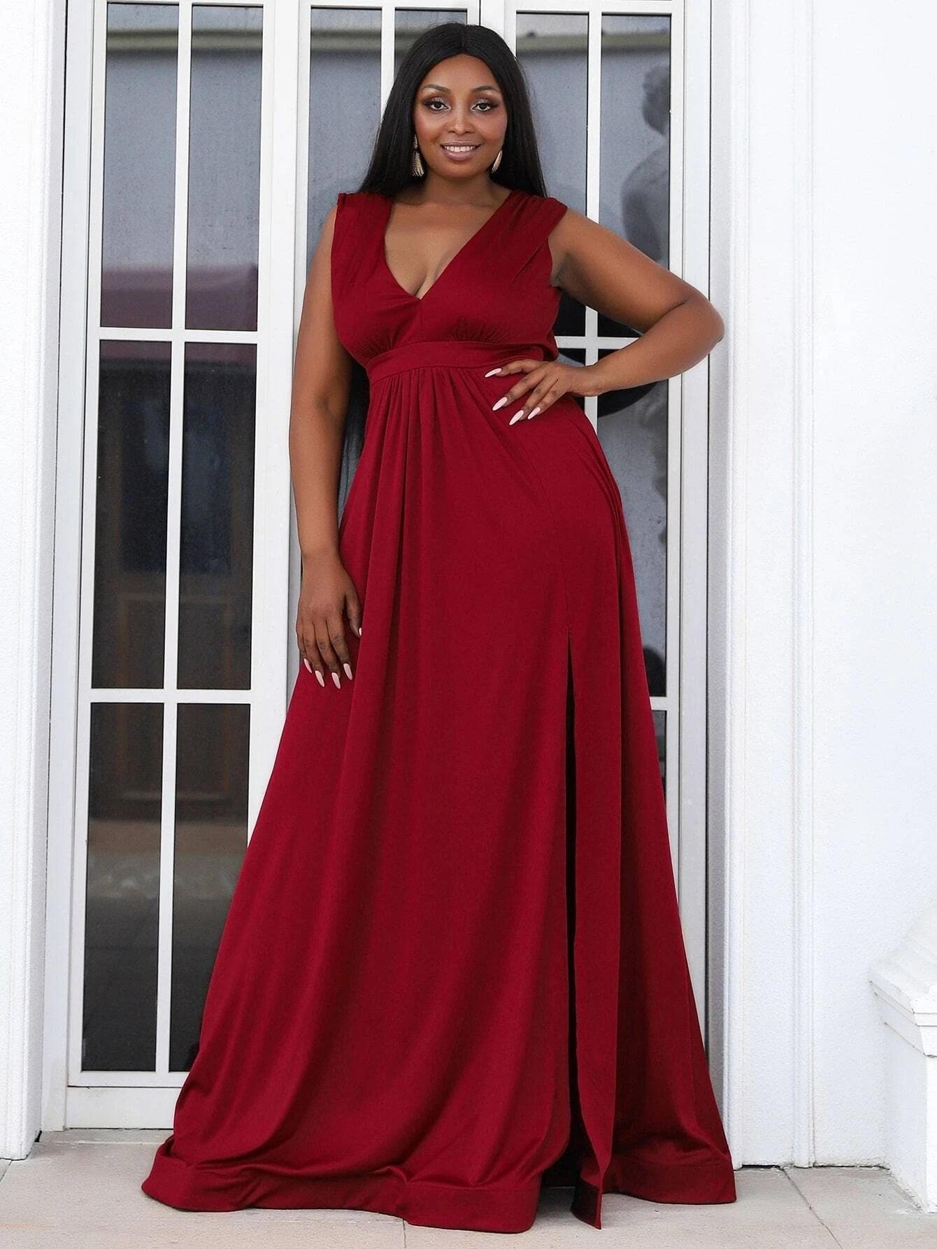 Plus Plunging Neck Split Thigh Red Maxi Knit Prom Dress PXH1243 - ltolto