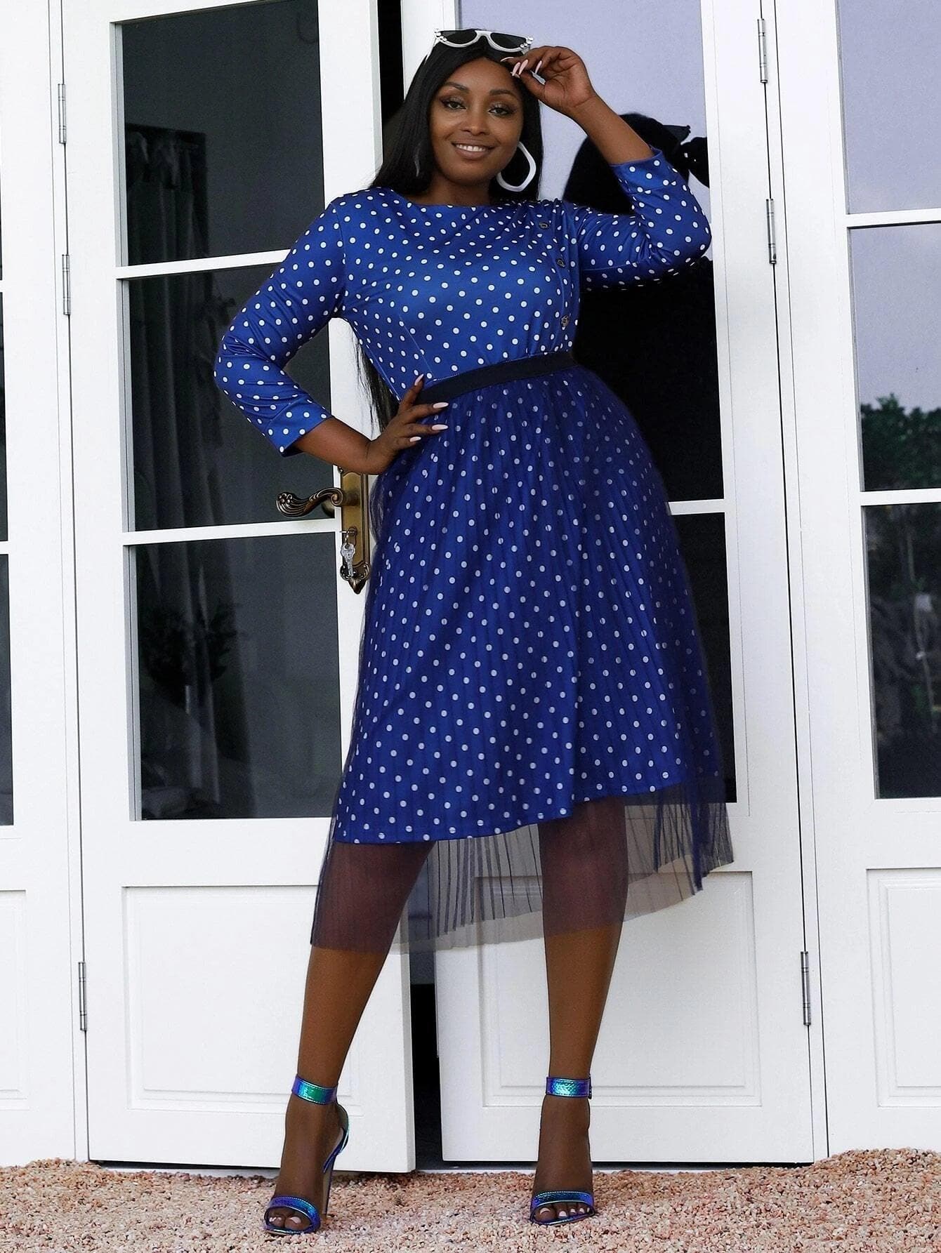 Plus Polka Dot Print Contrast Mesh Blue Mini Tulle Dress P0184 - ltolto