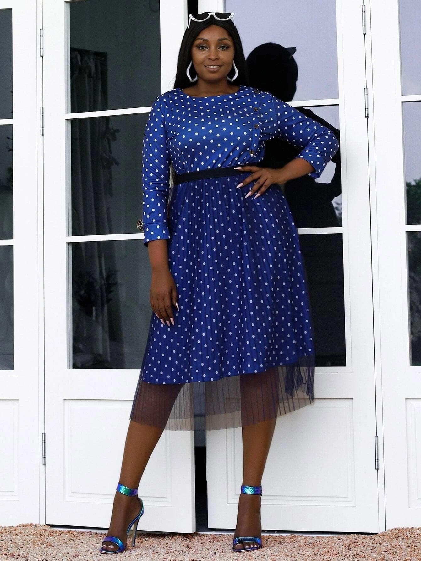 Plus Polka Dot Print Contrast Mesh Blue Mini Tulle Dress P0184 - ltolto