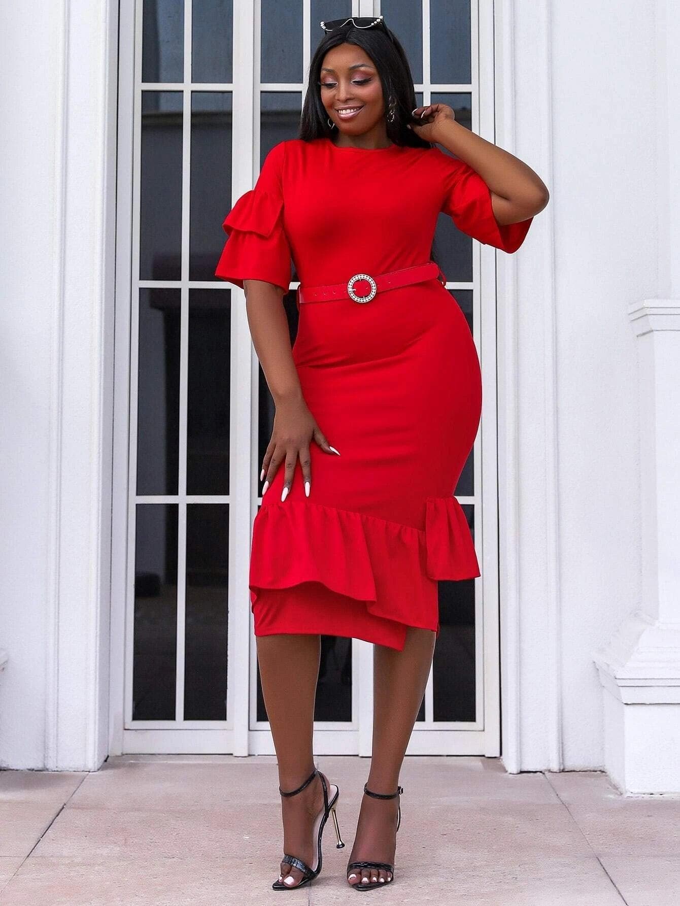 Plus Ruffle Asymmetrical Hem Red Midi Knit Belted Dress P0187 - ltolto