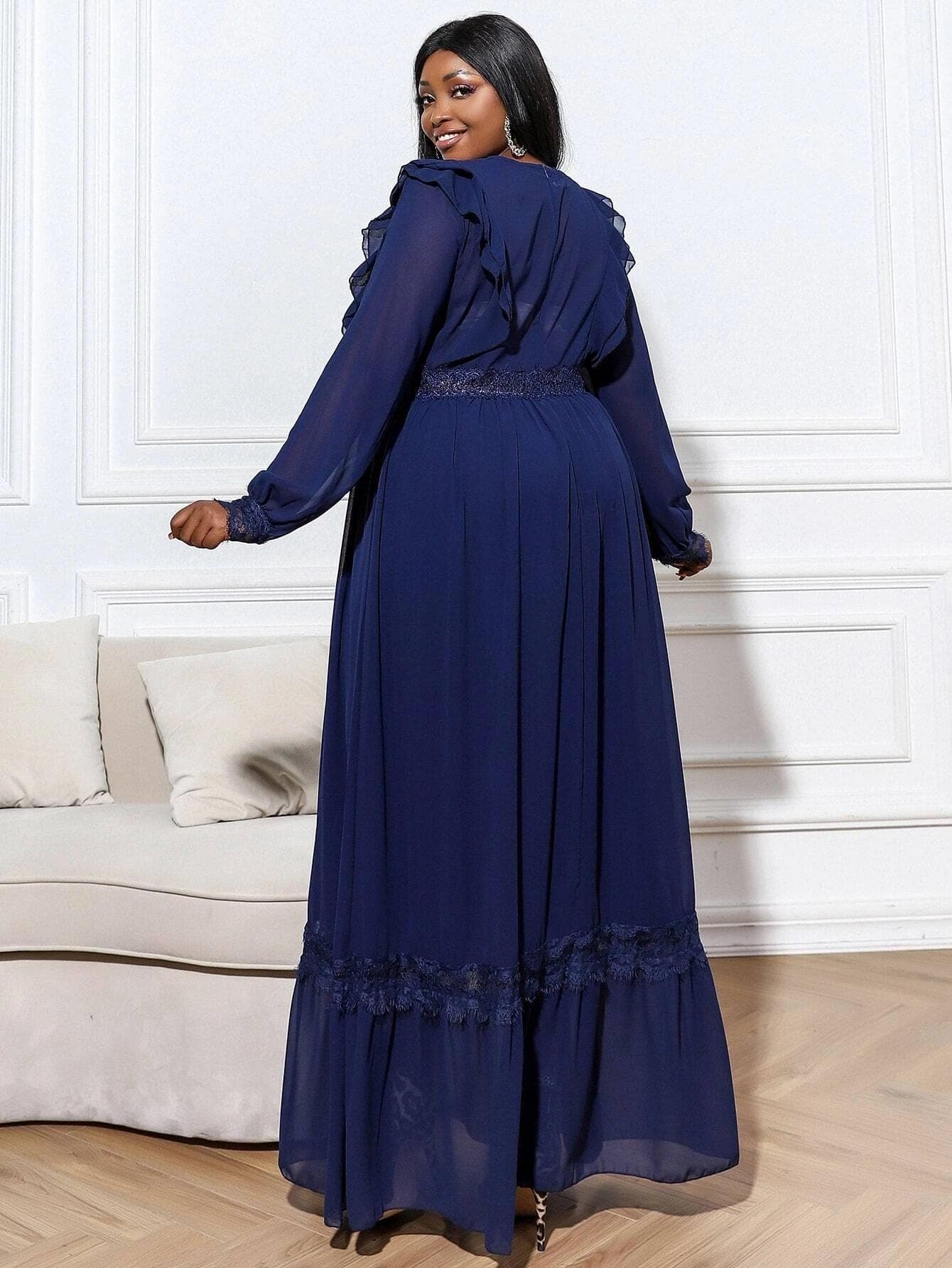 Plus Ruffle Trim Lace Panel Blue Maxi Lace Dress P0329 - ltolto