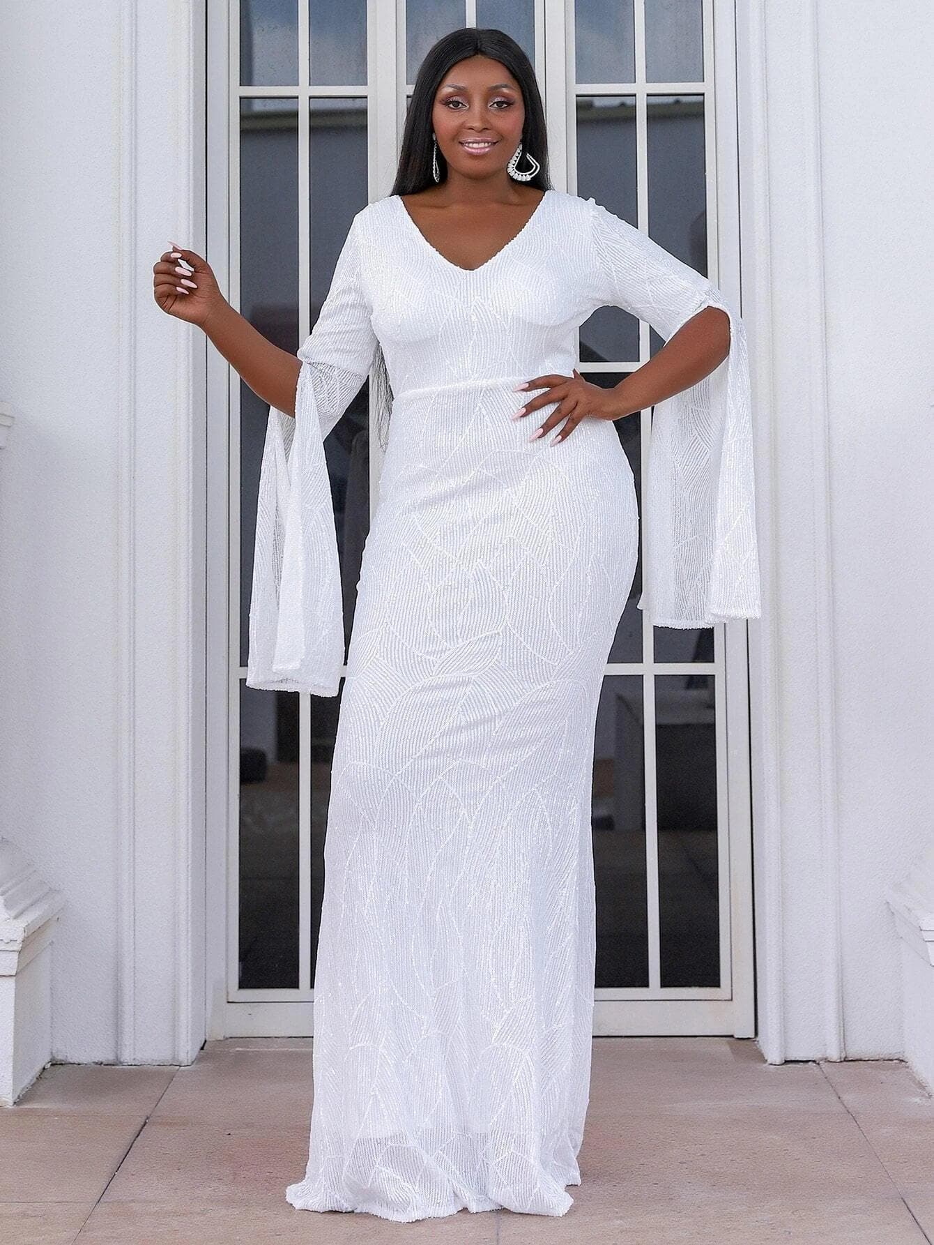 Plus Sequin Split Sleeve Zip Back White Maxi Prom Dress P0268 - ltolto