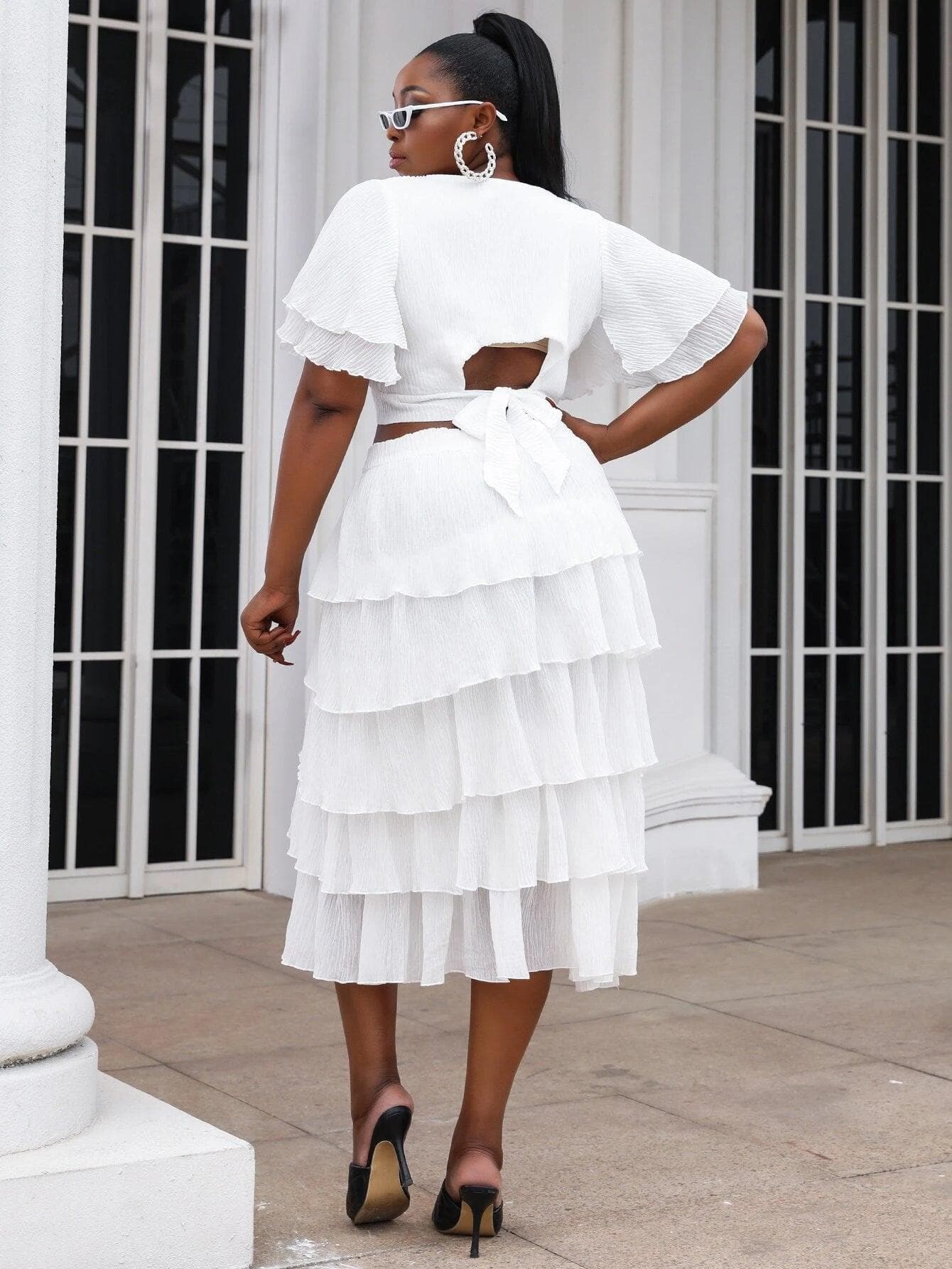 Plus Size Chiffon Midi White Flounce Sleeve Top & Layered Hem Skirt Set P0072 - ltolto