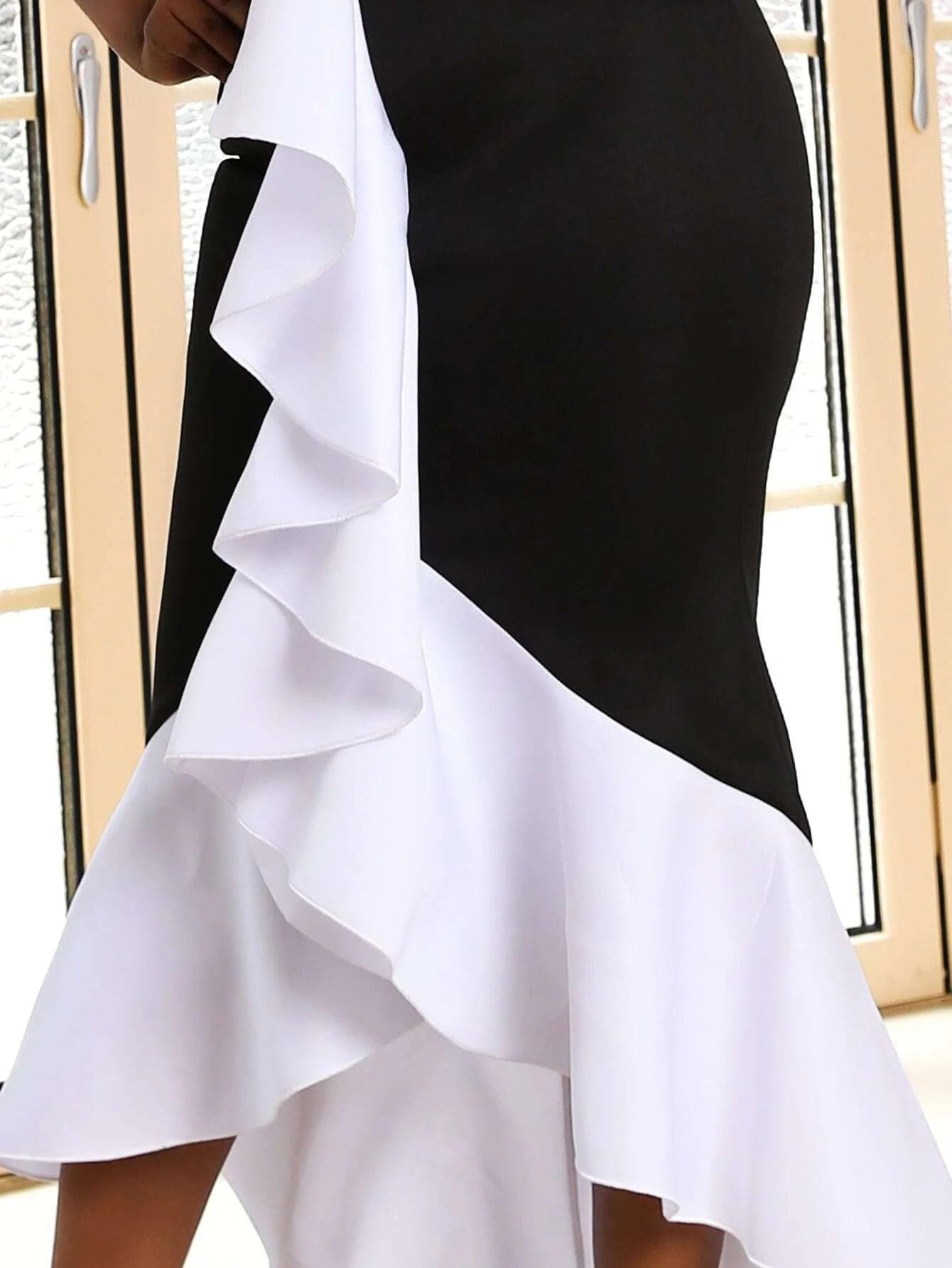 Plus Size Contrast Ruffle Detail Tube Sweetheart Neck Satin Midi Black Prom Dress P0134 - ltolto