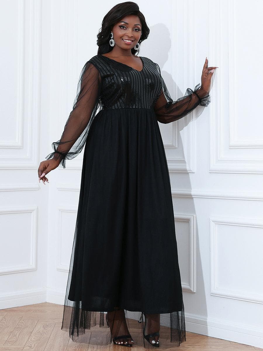 Plus Size Mesh V Neck Backless Lace Maxi Black Prom Dress PXJ807 - ltolto