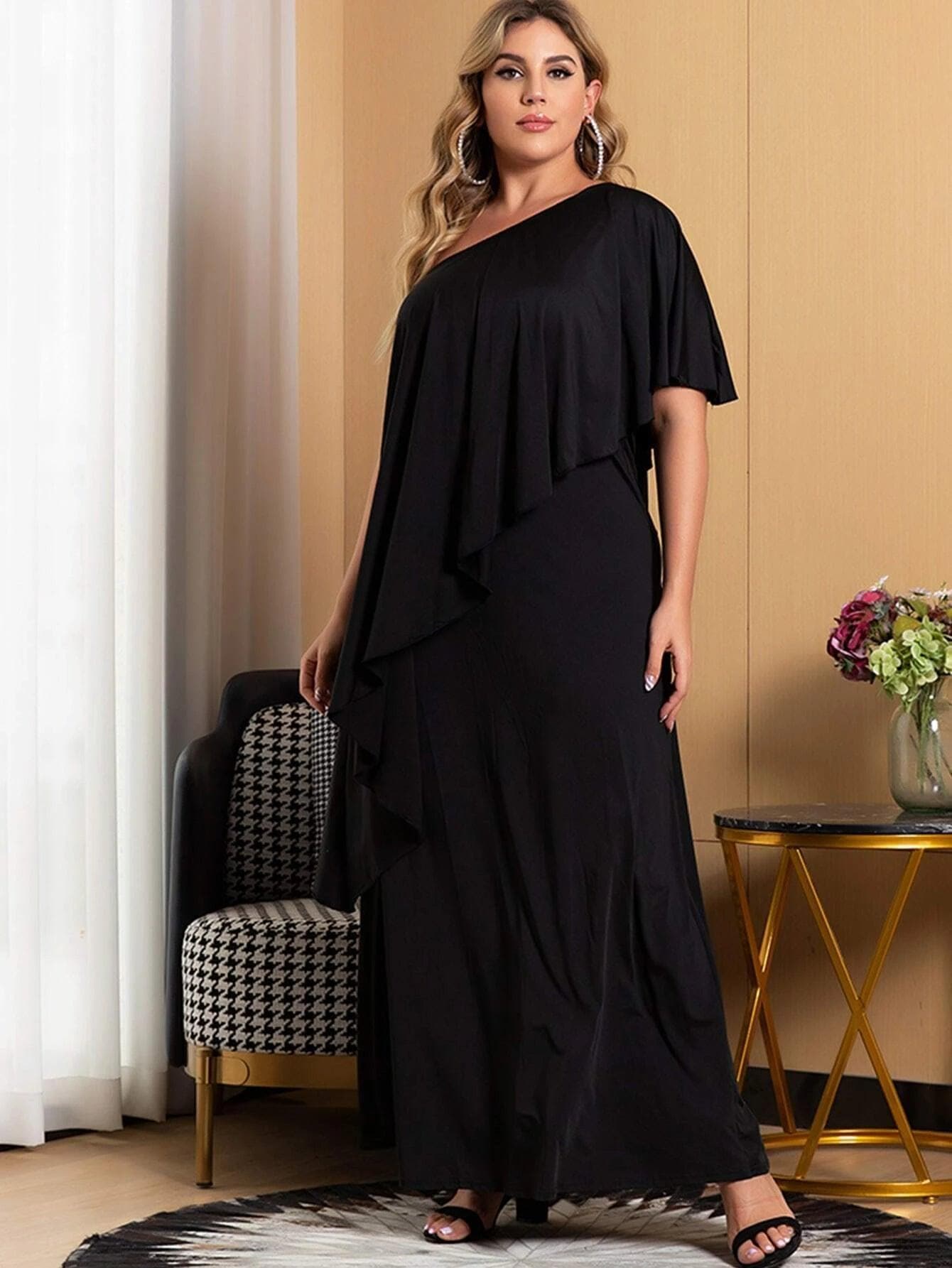 Plus Size One Shoulder Maxi Satin Black Ruffle Trim Dress P0039 - ltolto
