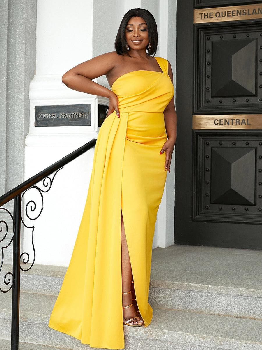 Plus Size One Shoulder Off Draping Yellow Maxi Knit Prom Dress PXJ1050 - ltolto