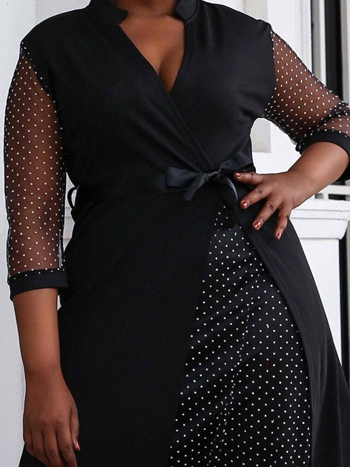 Plus Size Polka Dot Contrast Black Mini Knit Mesh Dress P0101 - ltolto