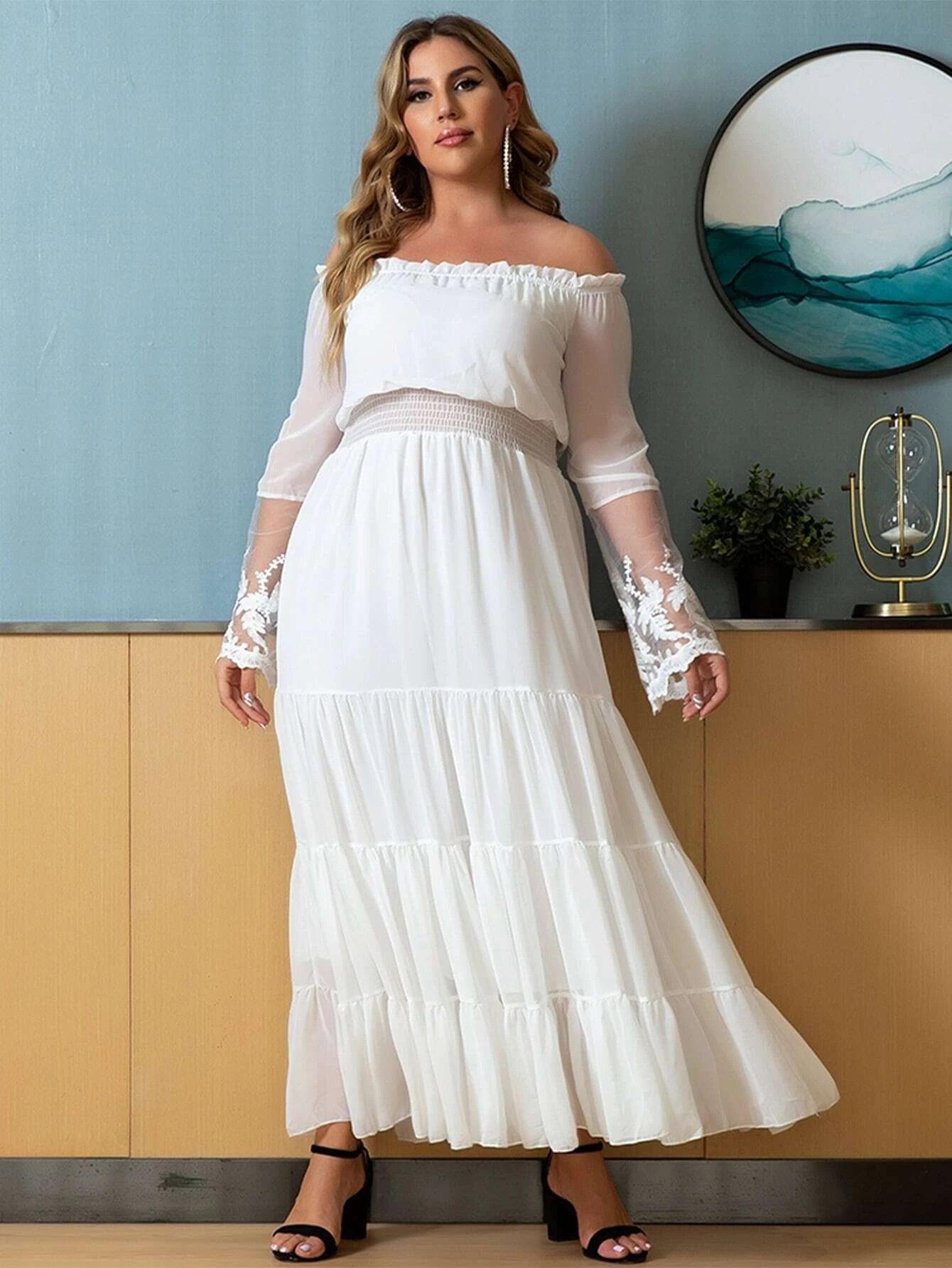 Plus Size Shirred Waist Ruffle Hem Bardot Lace White Maxi Dress P0044 - ltolto