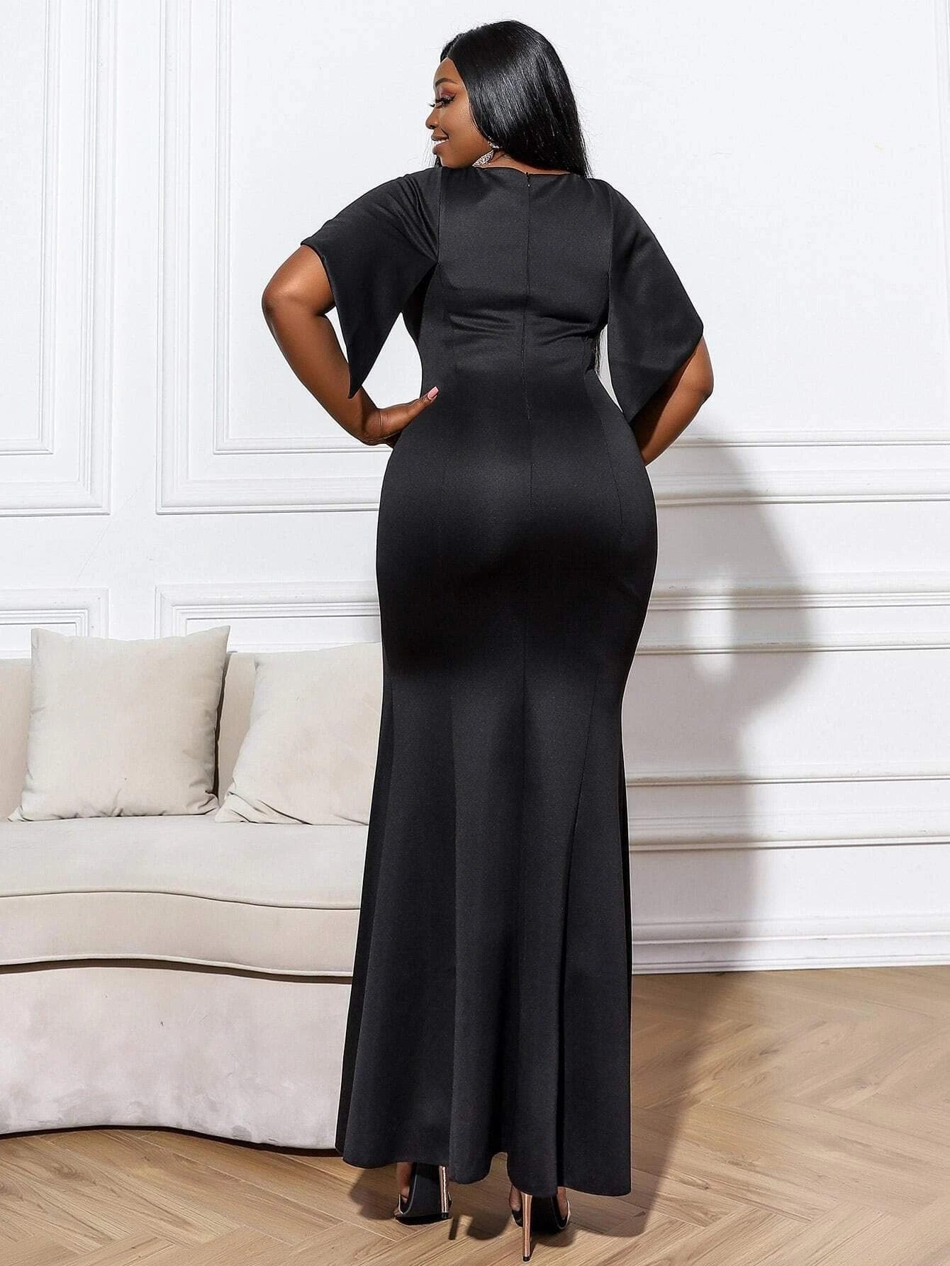 Plus Size Short Sleeve Split Thigh Satin Maxi Black Prom Dress P0326 - ltolto