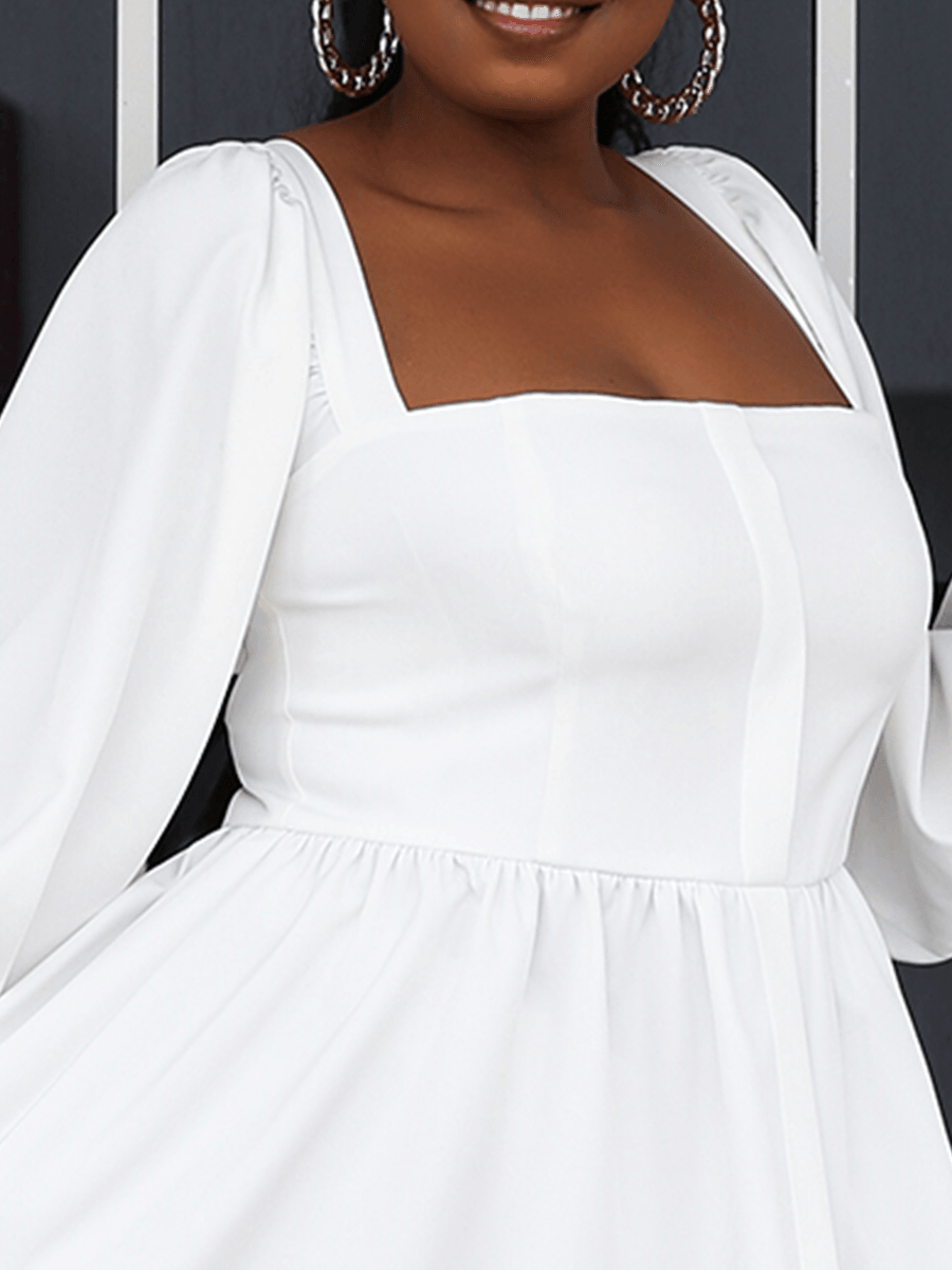 Plus Size White Mini Satin Lantern Sleeve Scallop Trim Dress P0117 - ltolto