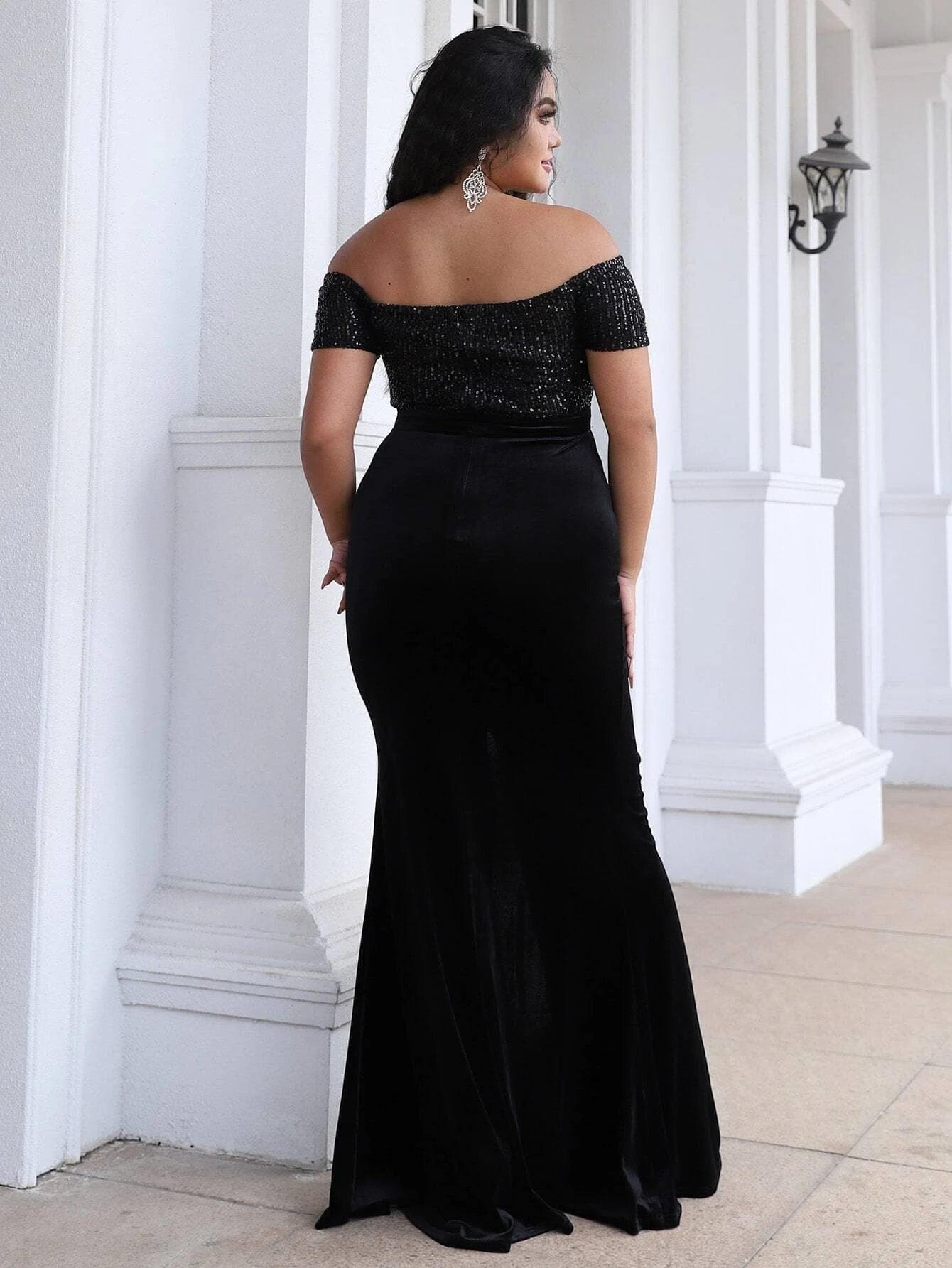 Plus Split Thigh Black Maxi Sequins Prom Dress P0306 - ltolto