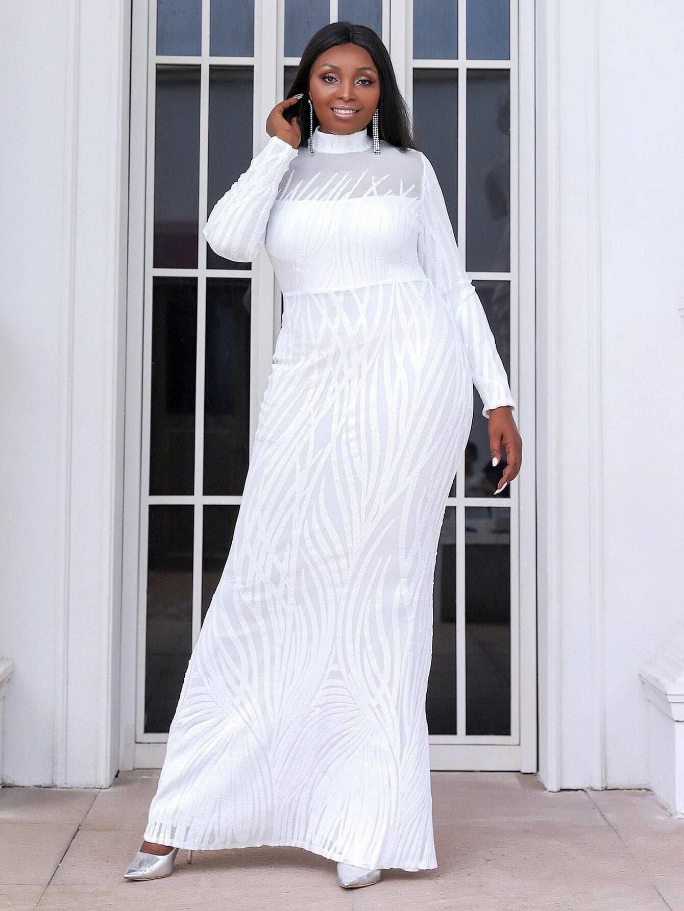 Plus Stand Neck Mesh Panel Lace White Maxi Prom Dress P0276 - ltolto